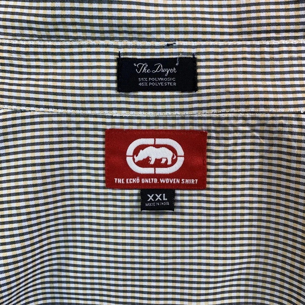 Ecko Unltd Shirt Mens 2XL Green Yellow Graph Check Woven Short Sleeve Button Y2K